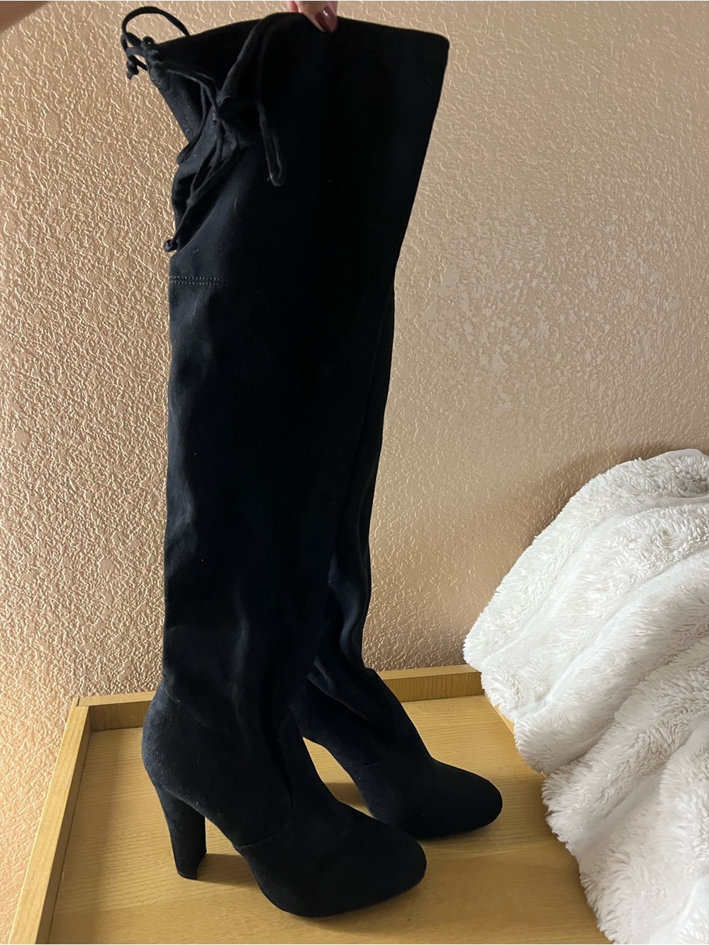 Black Over-the-Knee High Heel Boots with Back Tie